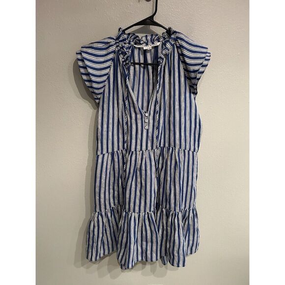 Veronica Beard Size 6 Zee Plaid Flax Linen Tiered Mini Dress Blue White Striped - Picture 1 of 9